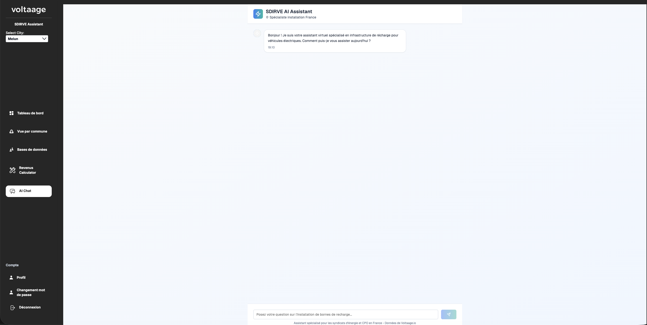 SDIRVE AI Chat Assistant interface for EV charging infrastructure questions